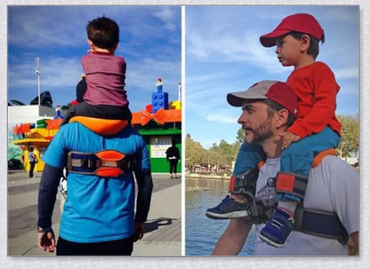 A parent carrying their child hands-free using the Hands-Free Shoulder Carrier, a versatile and comfortable child-carrying accessory.