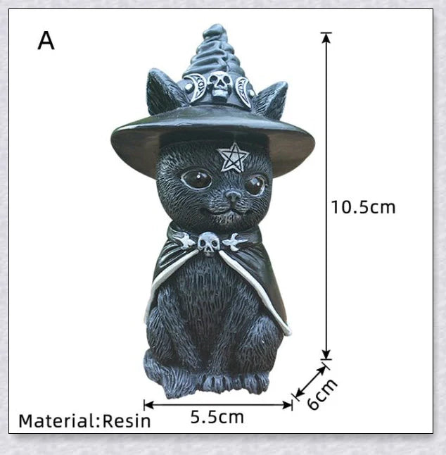 Cute and spooky black cat Halloween decorations with horns, wings, and witch hats