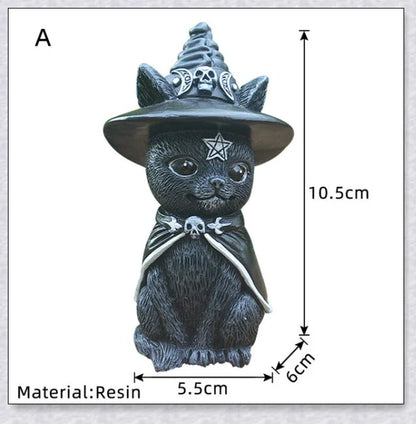 Cute and spooky black cat Halloween decorations with horns, wings, and witch hats