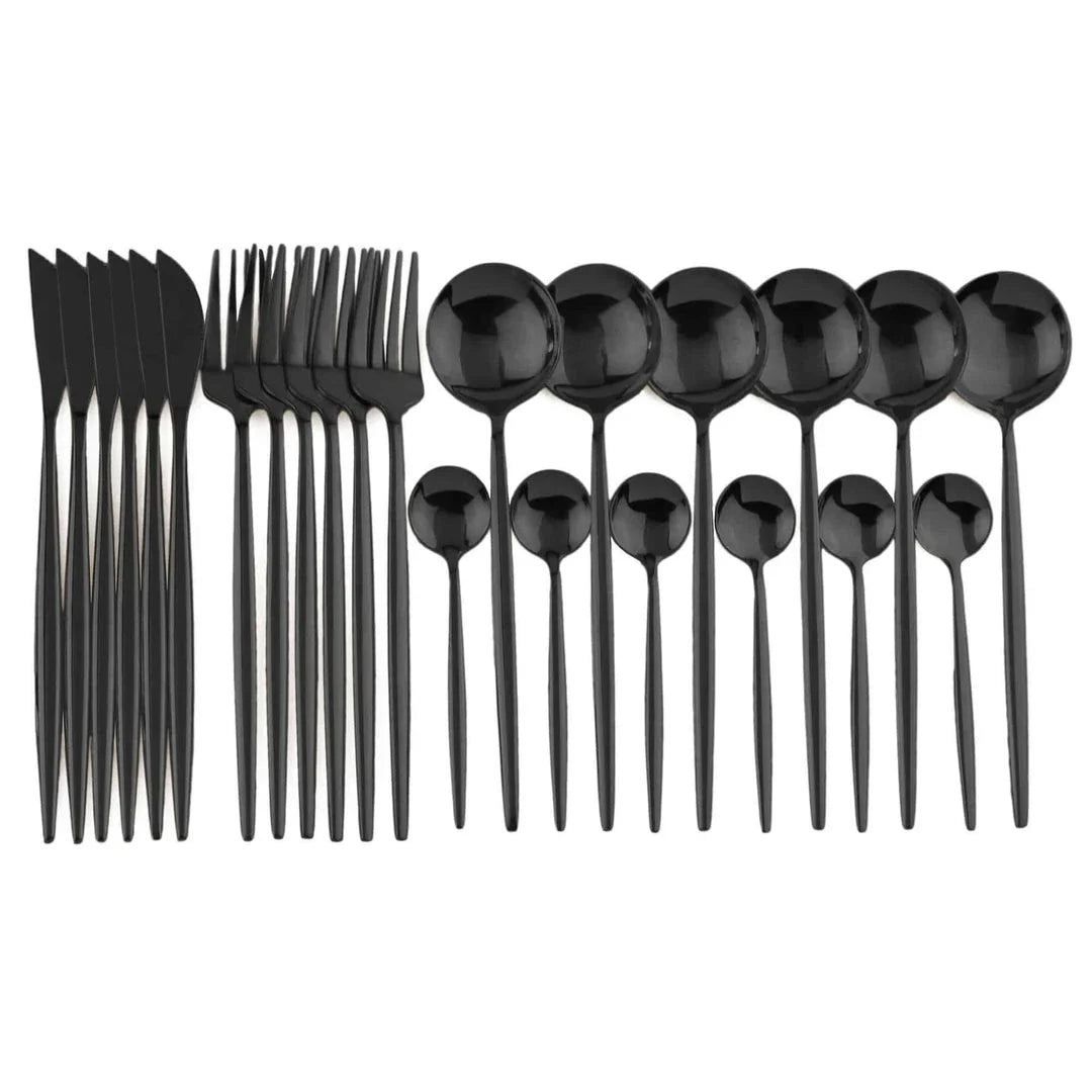 Vibrant stainless steel tableware set with colourful utensils including forks, knives, spoons, and teaspoons