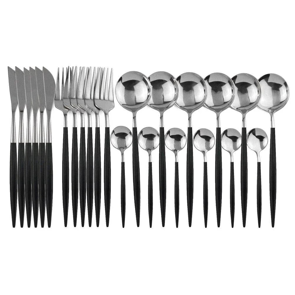 Vibrant stainless steel tableware set with colourful utensils including forks, knives, spoons, and teaspoons