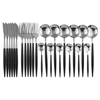 Vibrant stainless steel tableware set with colourful utensils including forks, knives, spoons, and teaspoons