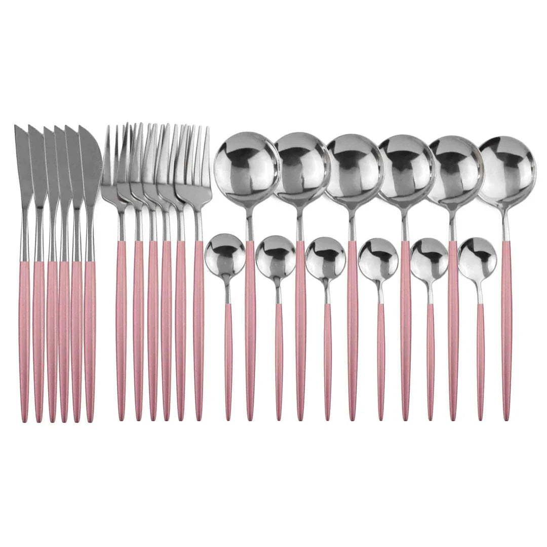 Vibrant stainless steel tableware set with colourful utensils including forks, knives, spoons, and teaspoons