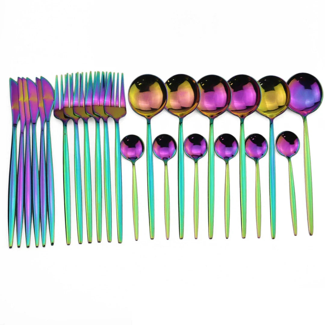 Vibrant stainless steel tableware set with colourful utensils including forks, knives, spoons, and teaspoons