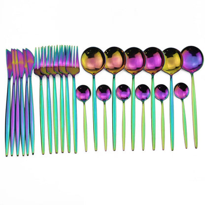 Vibrant stainless steel tableware set with colourful utensils including forks, knives, spoons, and teaspoons