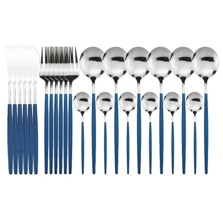 Vibrant stainless steel tableware set with colourful utensils including forks, knives, spoons, and teaspoons