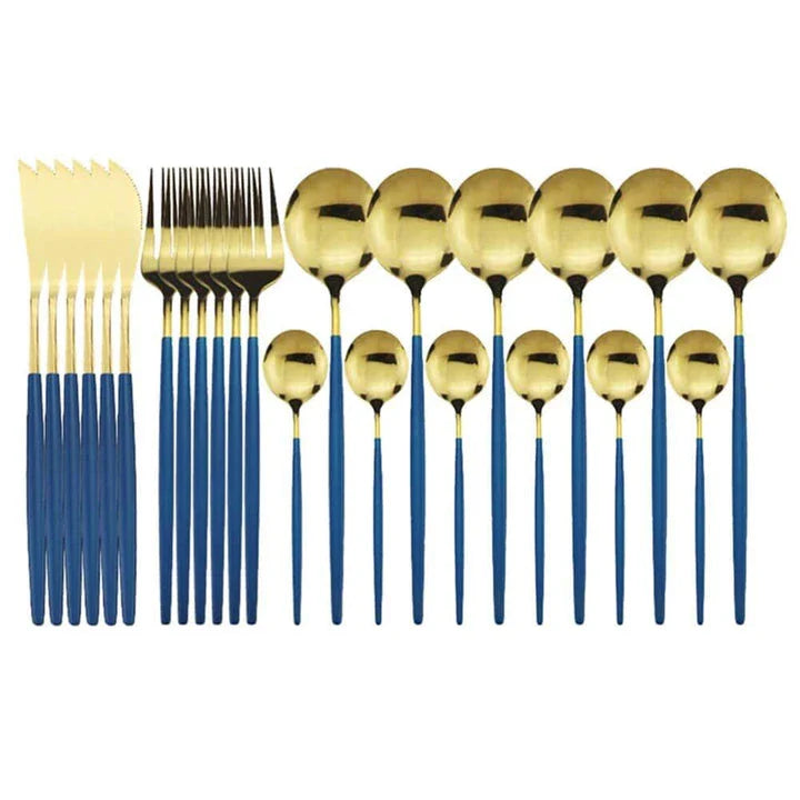 Vibrant stainless steel tableware set with colourful utensils including forks, knives, spoons, and teaspoons