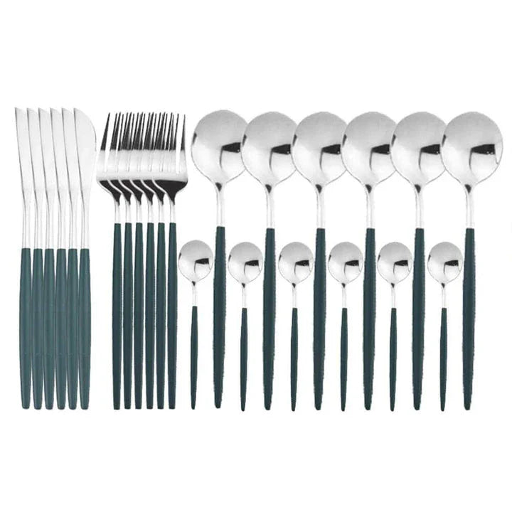 Vibrant stainless steel tableware set with colourful utensils including forks, knives, spoons, and teaspoons