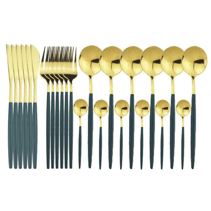 Vibrant stainless steel tableware set with colourful utensils including forks, knives, spoons, and teaspoons