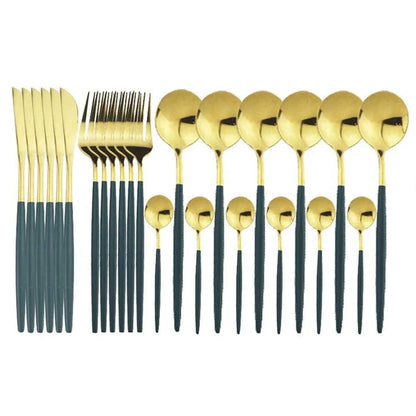 Vibrant stainless steel tableware set with colourful utensils including forks, knives, spoons, and teaspoons