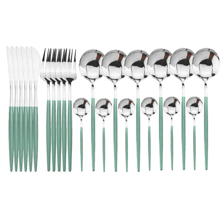 Vibrant stainless steel tableware set with colourful utensils including forks, knives, spoons, and teaspoons
