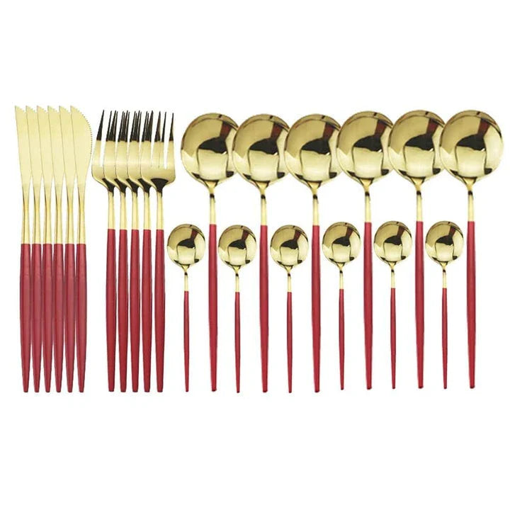 Vibrant stainless steel tableware set with colourful utensils including forks, knives, spoons, and teaspoons
