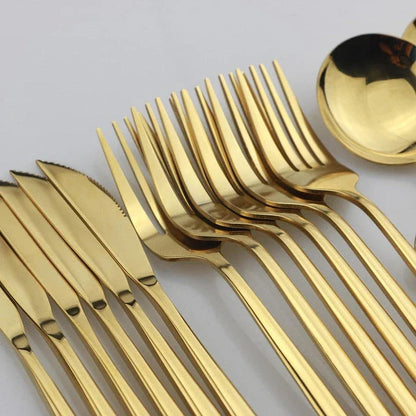 Vibrant stainless steel tableware set with colourful utensils including forks, knives, spoons, and teaspoons