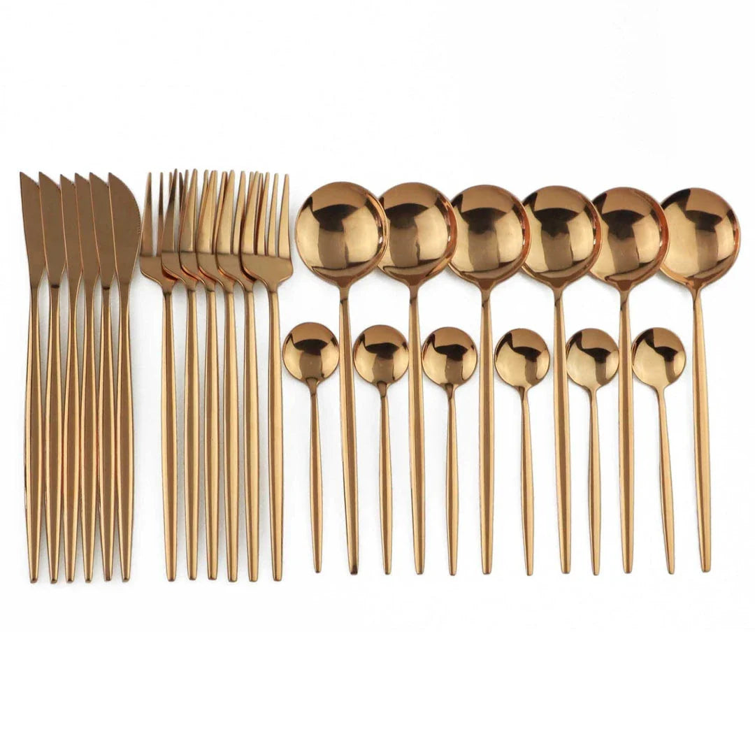 Vibrant stainless steel tableware set with colourful utensils including forks, knives, spoons, and teaspoons
