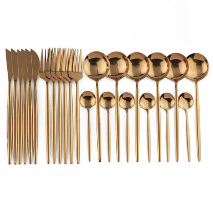 Vibrant stainless steel tableware set with colourful utensils including forks, knives, spoons, and teaspoons