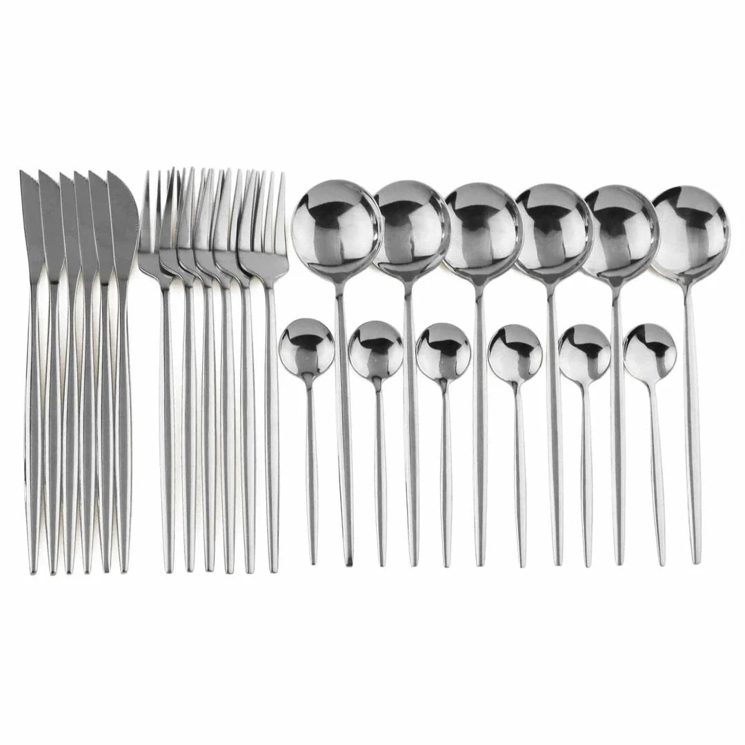 Vibrant stainless steel tableware set with colourful utensils including forks, knives, spoons, and teaspoons