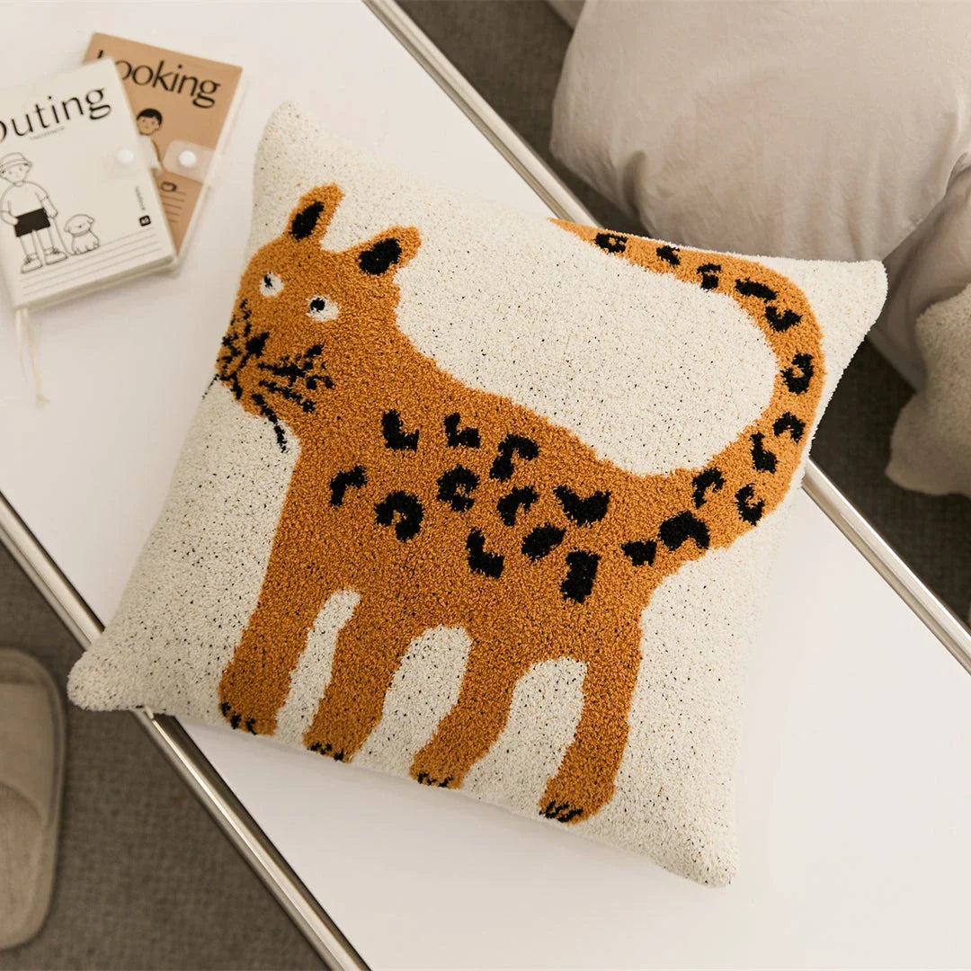 Soft beige spot cat microfiber knitted cushion cover, measuring 18 x 18 inches, ideal for adding a cosy and playful touch to your living space