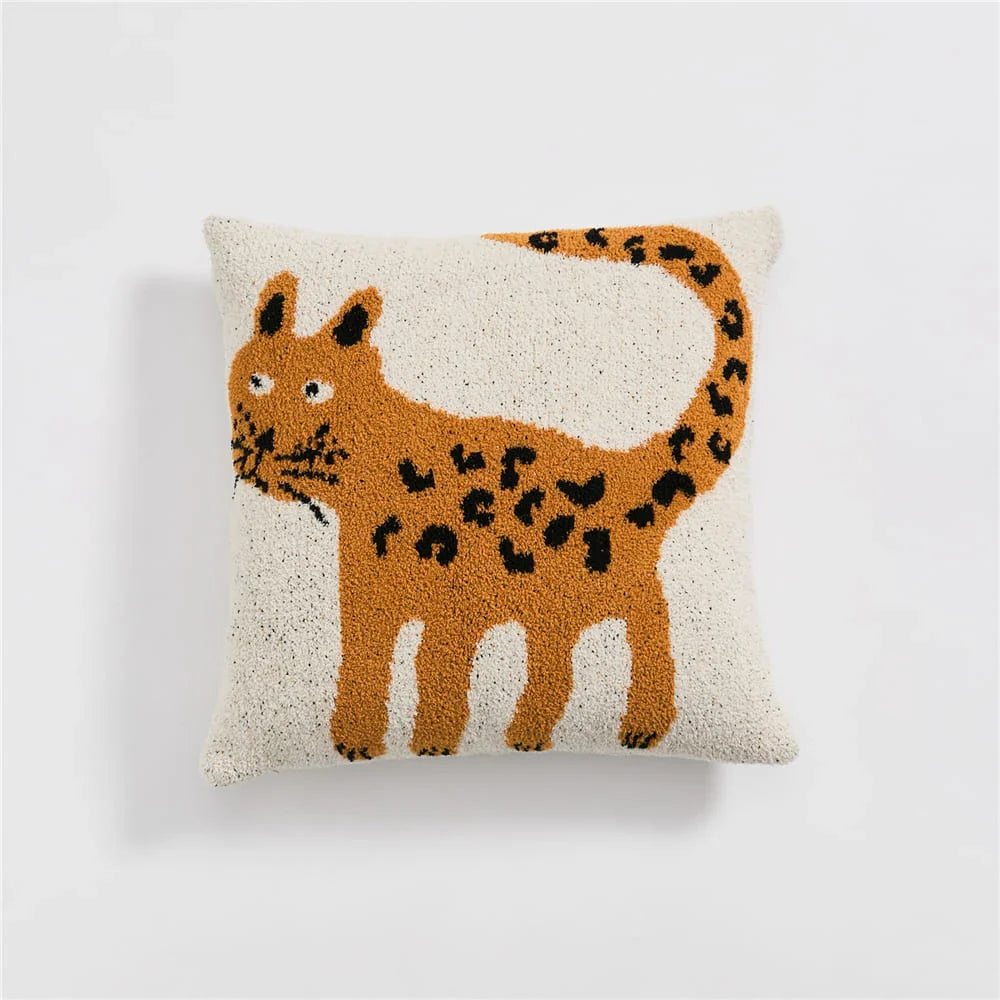 Soft beige spot cat microfiber knitted cushion cover, measuring 18 x 18 inches, ideal for adding a cosy and playful touch to your living space