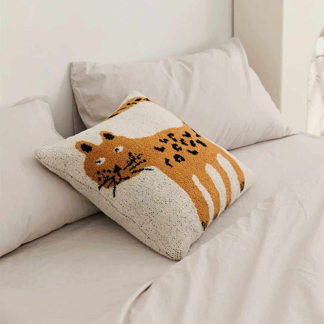 Soft beige spot cat microfiber knitted cushion cover, measuring 18 x 18 inches, ideal for adding a cosy and playful touch to your living space