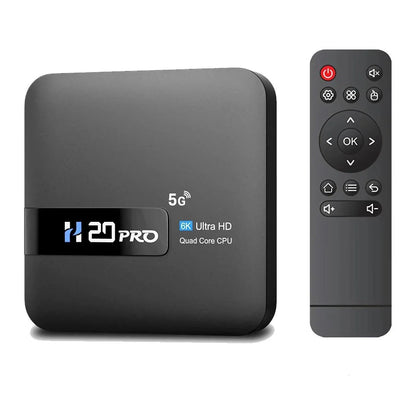 H20PRO Smart Android TV Box with 4K, 16GB, dual-band Wi-Fi, and media player capabilities