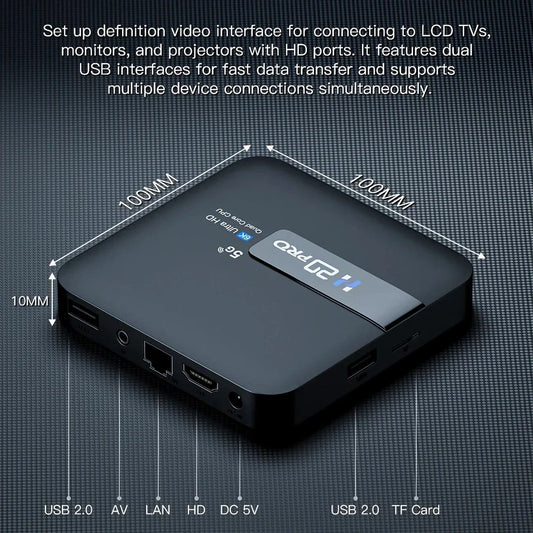 H20PRO Smart Android TV Box with 4K, 16GB, dual-band Wi-Fi, and media player capabilities