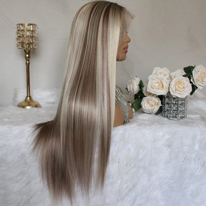 High-temperature fibre long straight hair front lace gradient colour wig for women