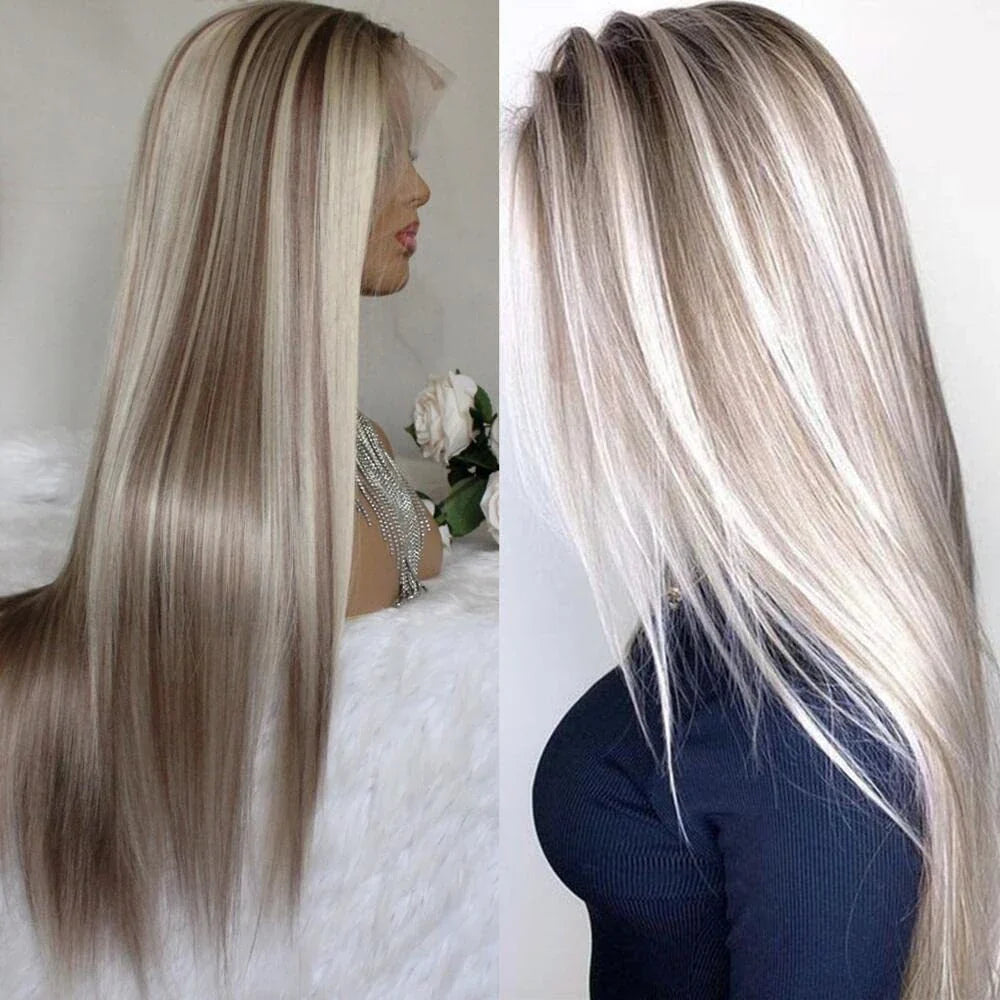 High-temperature fibre long straight hair front lace gradient colour wig for women
