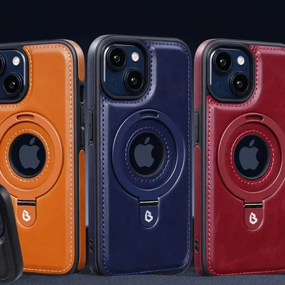 A premium MagSafe leather phone case with a ring holder and kickstand for iPhone 15, 14 Pro Max, and Plus models.