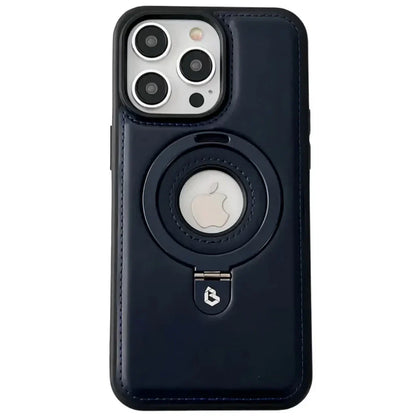 A premium MagSafe leather phone case with a ring holder and kickstand for iPhone 15, 14 Pro Max, and Plus models.