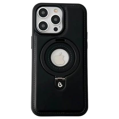 A premium MagSafe leather phone case with a ring holder and kickstand for iPhone 15, 14 Pro Max, and Plus models.