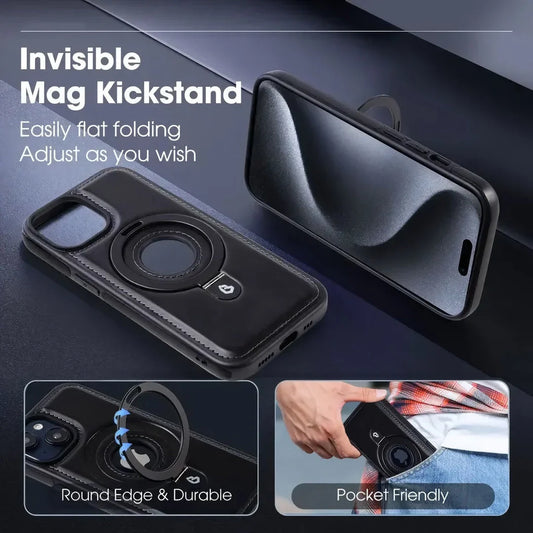 A premium MagSafe leather phone case with a ring holder and kickstand for iPhone 15, 14 Pro Max, and Plus models.