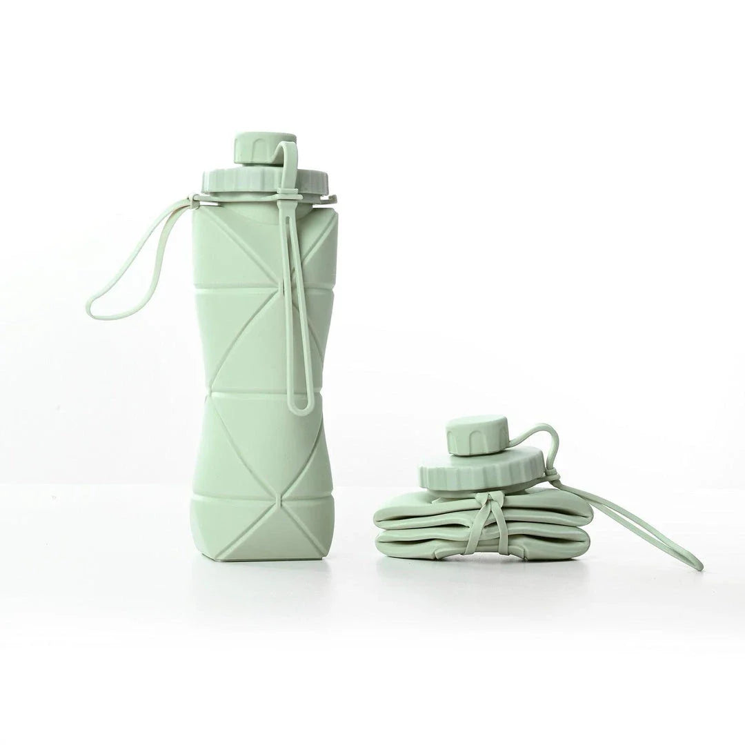 Folding silicone water bottle in various colours, perfect for outdoor activities like hiking, camping, and cycling
