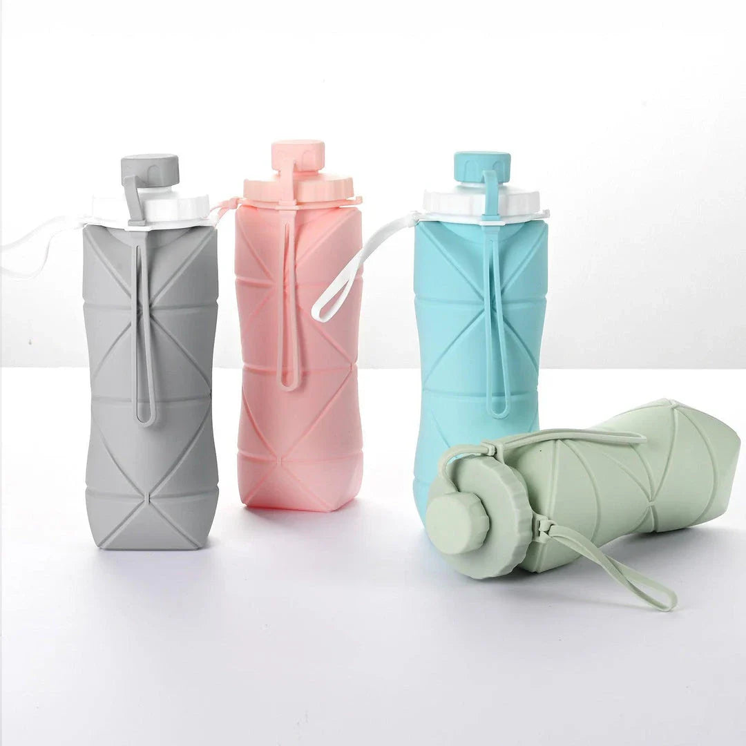 Folding silicone water bottle in various colours, perfect for outdoor activities like hiking, camping, and cycling