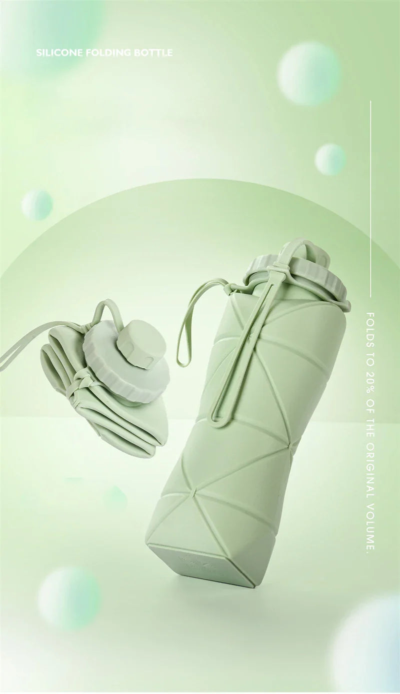 Folding silicone water bottle in various colours, perfect for outdoor activities like hiking, camping, and cycling