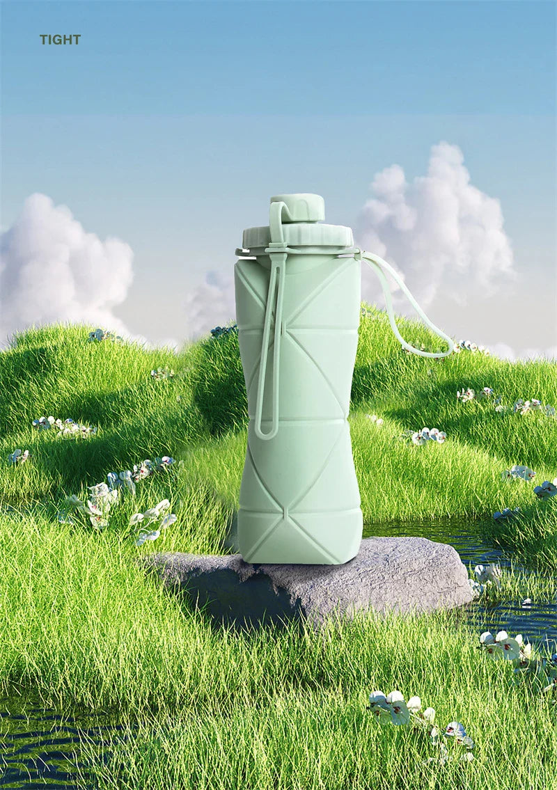 Folding silicone water bottle in various colours, perfect for outdoor activities like hiking, camping, and cycling