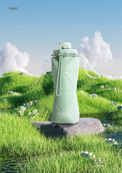 Folding silicone water bottle in various colours, perfect for outdoor activities like hiking, camping, and cycling