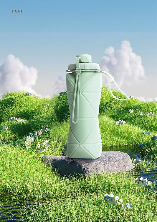 Folding silicone water bottle in various colours, perfect for outdoor activities like hiking, camping, and cycling