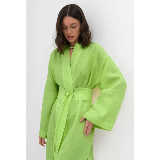 Elegant cotton linen long dress in green with a belt, showcasing a flattering A-line silhouette and full-length sleeves.