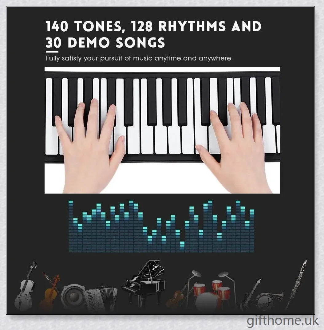 Portable electric piano with 88 or 61 keys, high-quality sound, and a compact, rollup design for easy transport