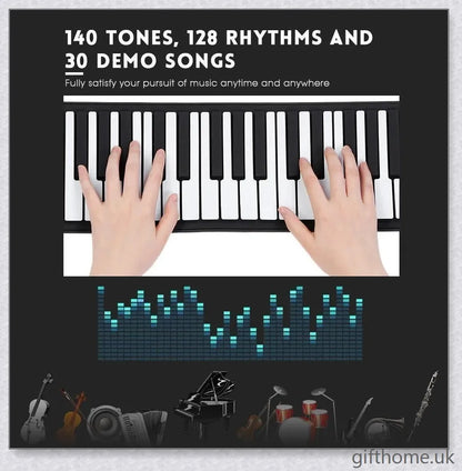 Portable electric piano with 88 or 61 keys, high-quality sound, and a compact, rollup design for easy transport