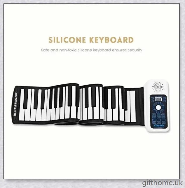 Portable electric piano with 88 or 61 keys, high-quality sound, and a compact, rollup design for easy transport