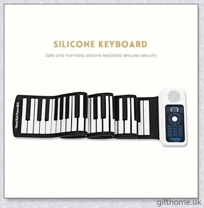 Portable electric piano with 88 or 61 keys, high-quality sound, and a compact, rollup design for easy transport
