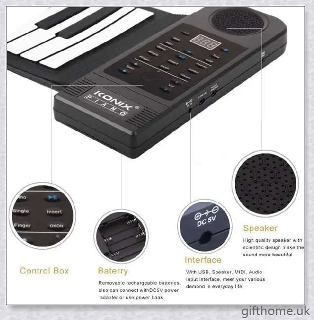 Portable electric piano with 88 or 61 keys, high-quality sound, and a compact, rollup design for easy transport