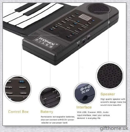 Portable electric piano with 88 or 61 keys, high-quality sound, and a compact, rollup design for easy transport