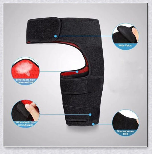 Premium hip stabilizer and thigh brace for injury recovery, featuring non-slip design and improved circulation for enhanced mobility and pain relief.