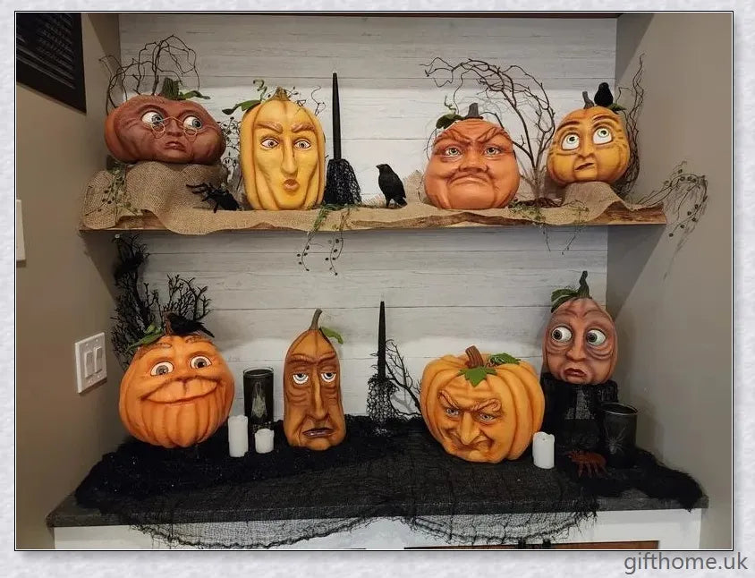 Whimsical and expressive Halloween pumpkin decorations made of durable resin, perfect for indoor and outdoor use.