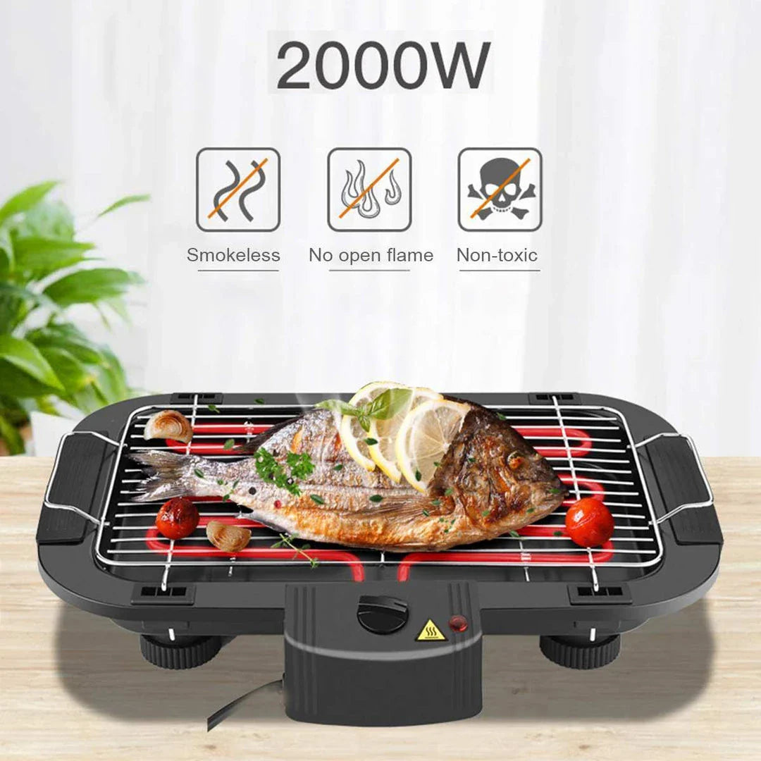 European Standard Smokeless Electric Barbecue Grill with sleek black finish and wave-shaped grill plate