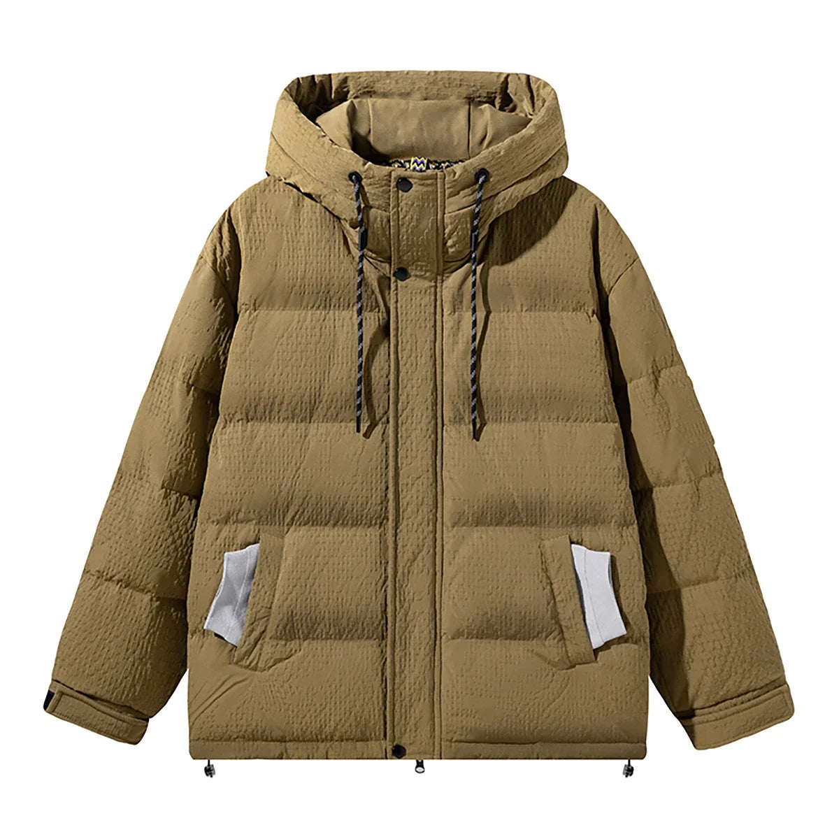 A cosy, black 90% white duck down jacket with a streamlined, modern design, perfect for navigating the ever-changing British weather.