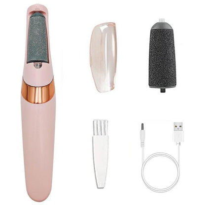 Portable, rechargeable electric foot file in grey, designed to remove dead skin and calluses for soft, smooth feet
