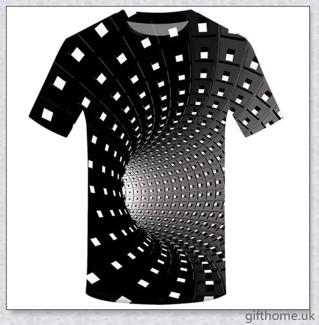 Captivating 3D swirl print design on a high-quality polyester t-shirt for a stylish and attention-grabbing look.